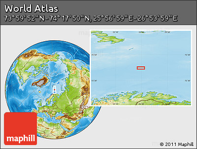 Physical Location Map of the Area around 74° 8' 51" N, 26° 25' 29" E