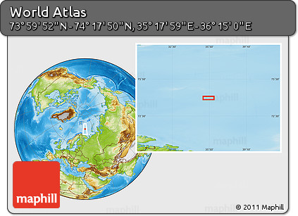 Physical Location Map of the Area around 74° 8' 51" N, 35° 46' 29" E