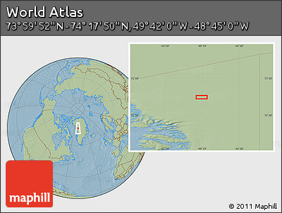 Savanna Style Location Map of the Area around 74° 8' 51" N, 49° 13' 30" W, hill shading