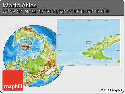 Physical Location Map of the Area around 74° 8' 51" N, 52° 46' 29" E