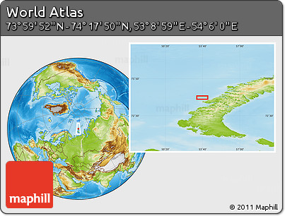 Physical Location Map of the Area around 74° 8' 51" N, 53° 37' 30" E