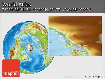 Physical Location Map of the Area around 74° 8' 51" N, 53° 28' 30" W