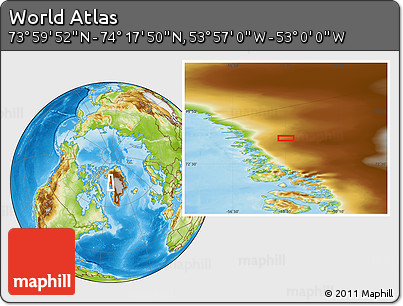 Physical Location Map of the Area around 74° 8' 51" N, 53° 28' 30" W