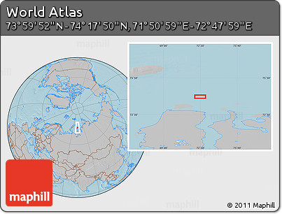 Gray Location Map of the Area around 74° 8' 51" N, 72° 19' 29" E, hill shading