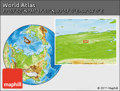 Physical Location Map of the Area around 74° 8' 51" N, 94° 25' 30" E