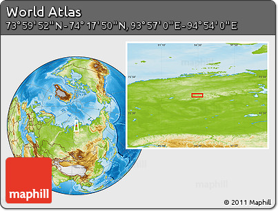 Physical Location Map of the Area around 74° 8' 51" N, 94° 25' 30" E