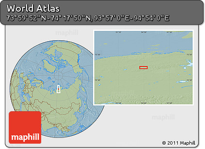 Savanna Style Location Map of the Area around 74° 8' 51" N, 94° 25' 30" E, hill shading