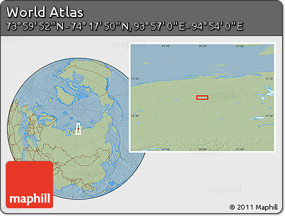 Savanna Style Location Map of the Area around 74° 8' 51" N, 94° 25' 30" E, hill shading