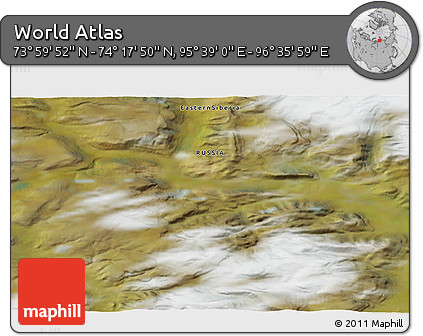 Satellite 3D Map of the Area around 74° 8' 51" N, 96° 7' 30" E