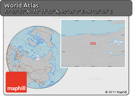 Gray Location Map of the Area around 74° 8' 51" N, 96° 7' 30" E, hill shading