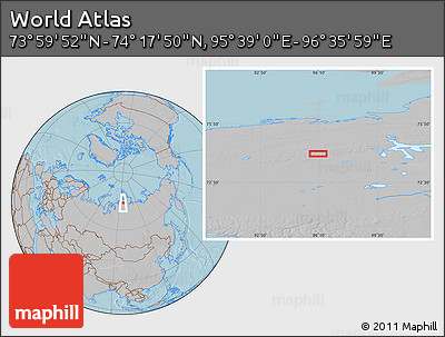 Gray Location Map of the Area around 74° 8' 51" N, 96° 7' 30" E, hill shading
