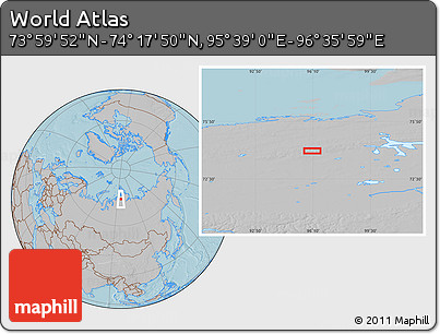 Gray Location Map of the Area around 74° 8' 51" N, 96° 7' 30" E, hill shading