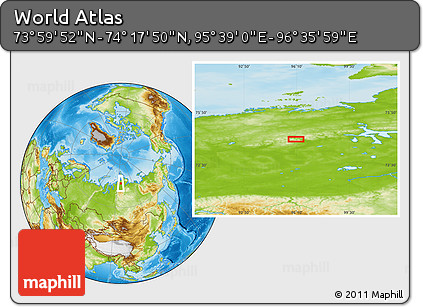 Physical Location Map of the Area around 74° 8' 51" N, 96° 7' 30" E