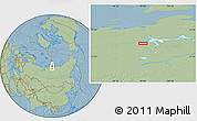 Savanna Style Location Map of the area around 74° 8' 51" N, 99° 31' 30" E, hill shading