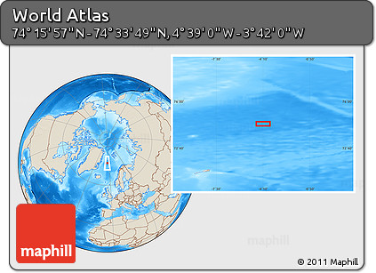 Shaded Relief Location Map of the Area around 74° 24' 53" N, 4° 10' 30" W