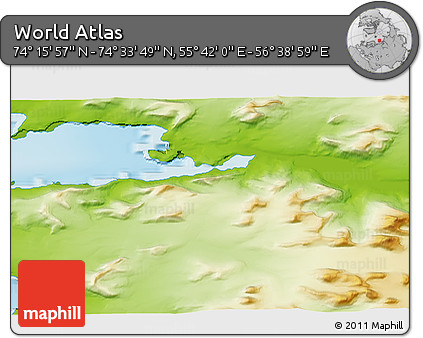 Physical 3D Map of the Area around 74° 24' 53" N, 56° 10' 29" E