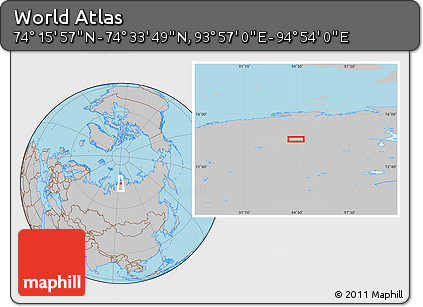 Gray Location Map of the Area around 74° 24' 53" N, 94° 25' 30" E