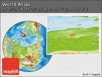 Physical Location Map of the Area around 74° 24' 53" N, 94° 25' 30" E