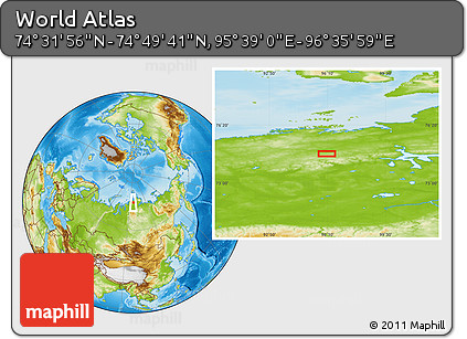 Physical Location Map of the Area around 74° 40' 49" N, 96° 7' 30" E