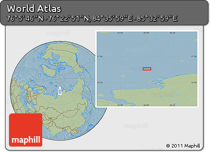 Savanna Style Location Map of the Area around 76° 14' 18" N, 85° 4' 29" E, hill shading