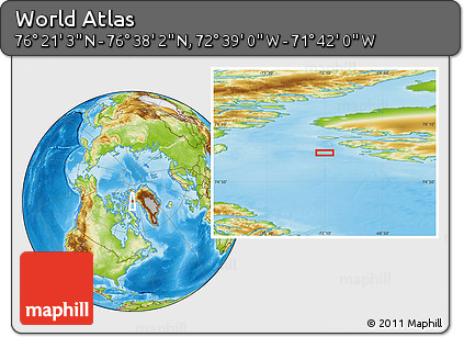 Physical Location Map of the Area around 76° 29' 33" N, 72° 10' 30" W