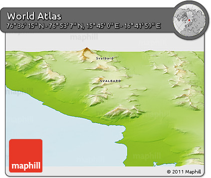 Physical 3D Map of the Area around 76° 44' 41" N, 16° 13' 30" E