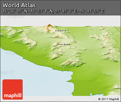 Physical 3D Map of the Area around 76° 44' 41" N, 16° 13' 30" E
