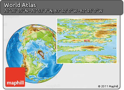 Physical Location Map of the Area around 76° 44' 41" N, 83° 13' 29" W
