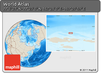 Shaded Relief Location Map of the Area around 77° 14' 40" N, 142° 52' 30" E