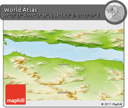 Physical 3D Map of the Area around 77° 29' 31" N, 15° 22' 30" E
