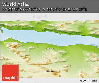 Physical 3D Map of the Area around 77° 29' 31" N, 15° 22' 30" E
