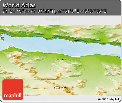 Physical 3D Map of the Area around 77° 29' 31" N, 15° 22' 30" E