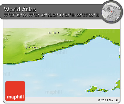 Physical 3D Map of the Area around 77° 29' 31" N, 22° 10' 29" E
