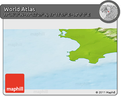 Physical 3D Map of the Area around 77° 44' 16" N, 13° 40' 30" E