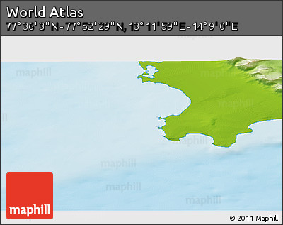Physical 3D Map of the Area around 77° 44' 16" N, 13° 40' 30" E