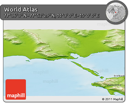 Physical 3D Map of the Area around 77° 44' 16" N, 14° 31' 30" E