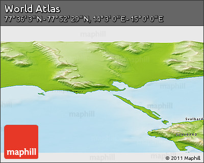 Physical 3D Map of the Area around 77° 44' 16" N, 14° 31' 30" E
