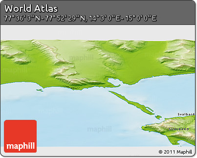 Physical 3D Map of the Area around 77° 44' 16" N, 14° 31' 30" E