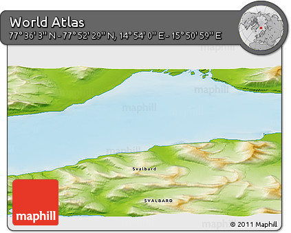 Physical 3D Map of the Area around 77° 44' 16" N, 15° 22' 30" E