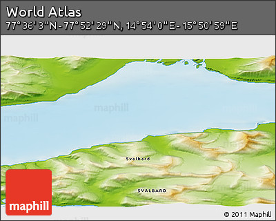 Physical 3D Map of the Area around 77° 44' 16" N, 15° 22' 30" E