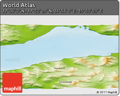Physical 3D Map of the Area around 77° 44' 16" N, 15° 22' 30" E