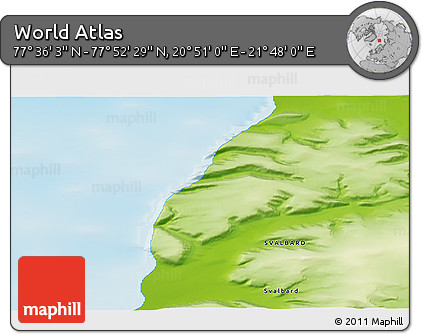 Physical 3D Map of the Area around 77° 44' 16" N, 21° 19' 30" E
