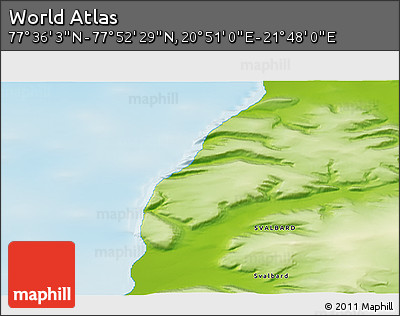 Physical 3D Map of the Area around 77° 44' 16" N, 21° 19' 30" E