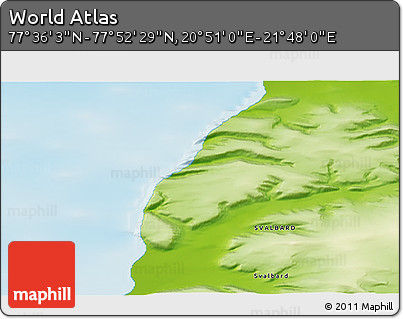 Physical 3D Map of the Area around 77° 44' 16" N, 21° 19' 30" E