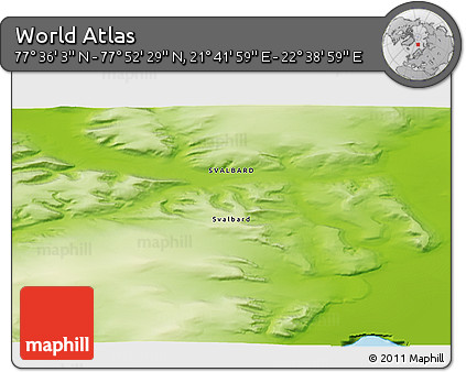Physical 3D Map of the Area around 77° 44' 16" N, 22° 10' 29" E