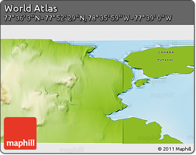 Physical 3D Map of the Area around 77° 44' 16" N, 78° 7' 30" W