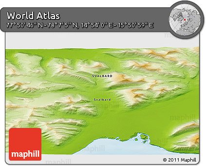 Physical 3D Map of the Area around 77° 58' 56" N, 15° 22' 30" E
