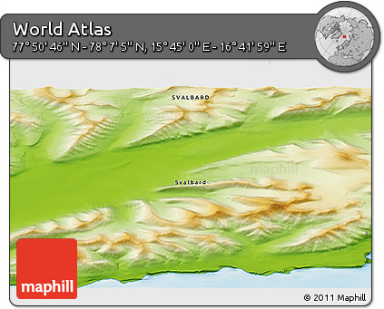 Physical 3D Map of the Area around 77° 58' 56" N, 16° 13' 30" E