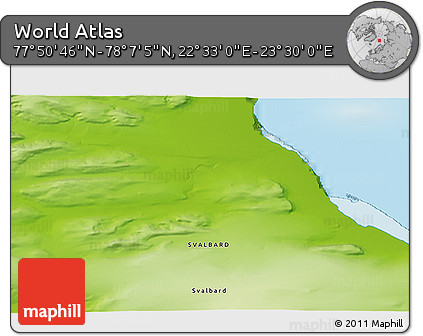 Physical 3D Map of the Area around 77° 58' 56" N, 23° 1' 29" E