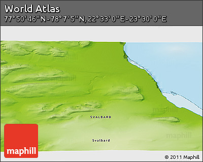 Physical 3D Map of the Area around 77° 58' 56" N, 23° 1' 29" E